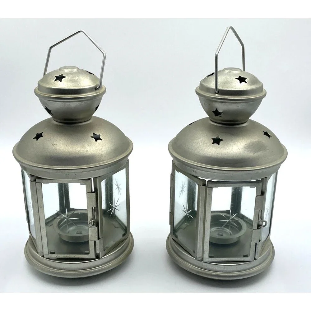 Set of 2 IKEA Rotera Hanging Lanterns Tea Light Candle Holder Metal & Glass